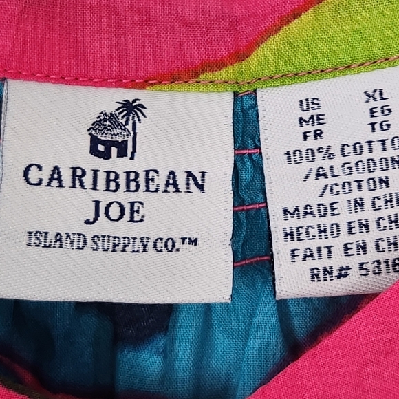 Caribbean Joe Cotton Tropical Pink Multicolor Smocked Button-Up Blouse Size XL - Picture 7 of 9